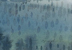Contemporary watercolor landscape mountain trees forest sky signed