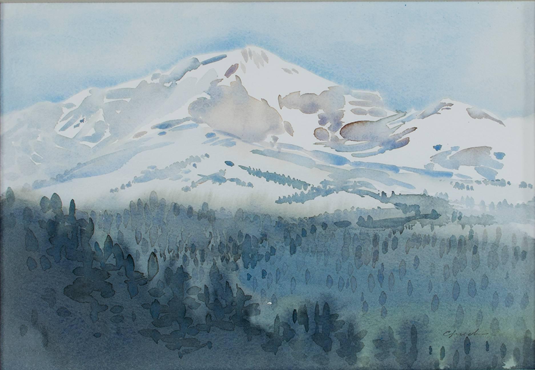 Craig Lueck Landscape Art - "Canadian Rockies - Misty Morning Calgary, Alberta, Canada, " Watercolor signed