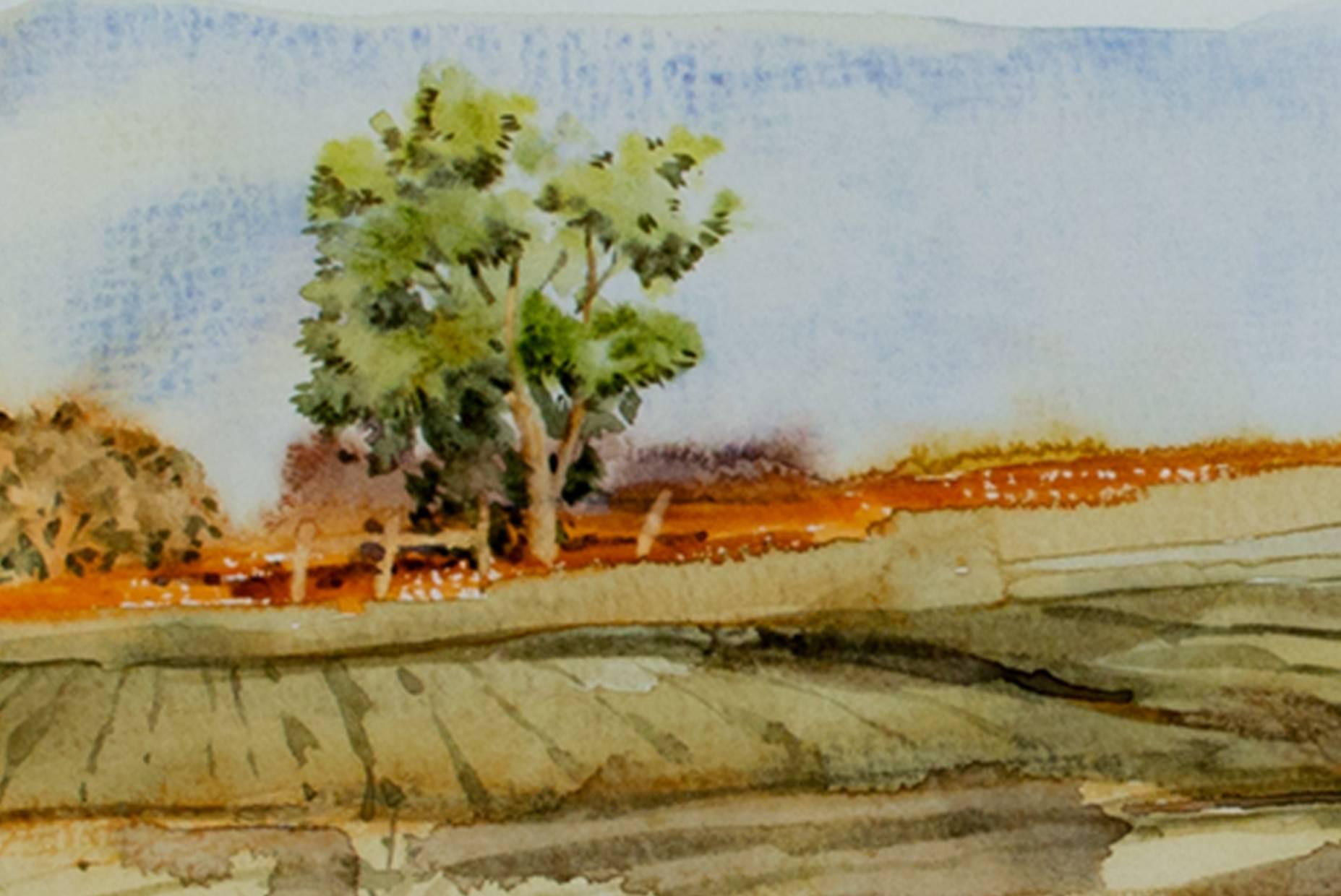 Contemporary watercolor landscape countryside farm field grass tree sky signed - Brown Landscape Art by Craig Lueck
