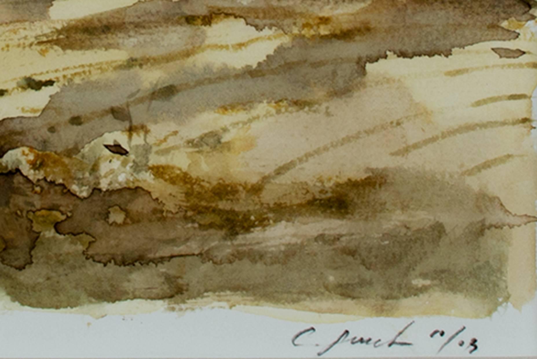 Contemporary watercolor landscape countryside farm field grass tree sky signed - Art by Craig Lueck