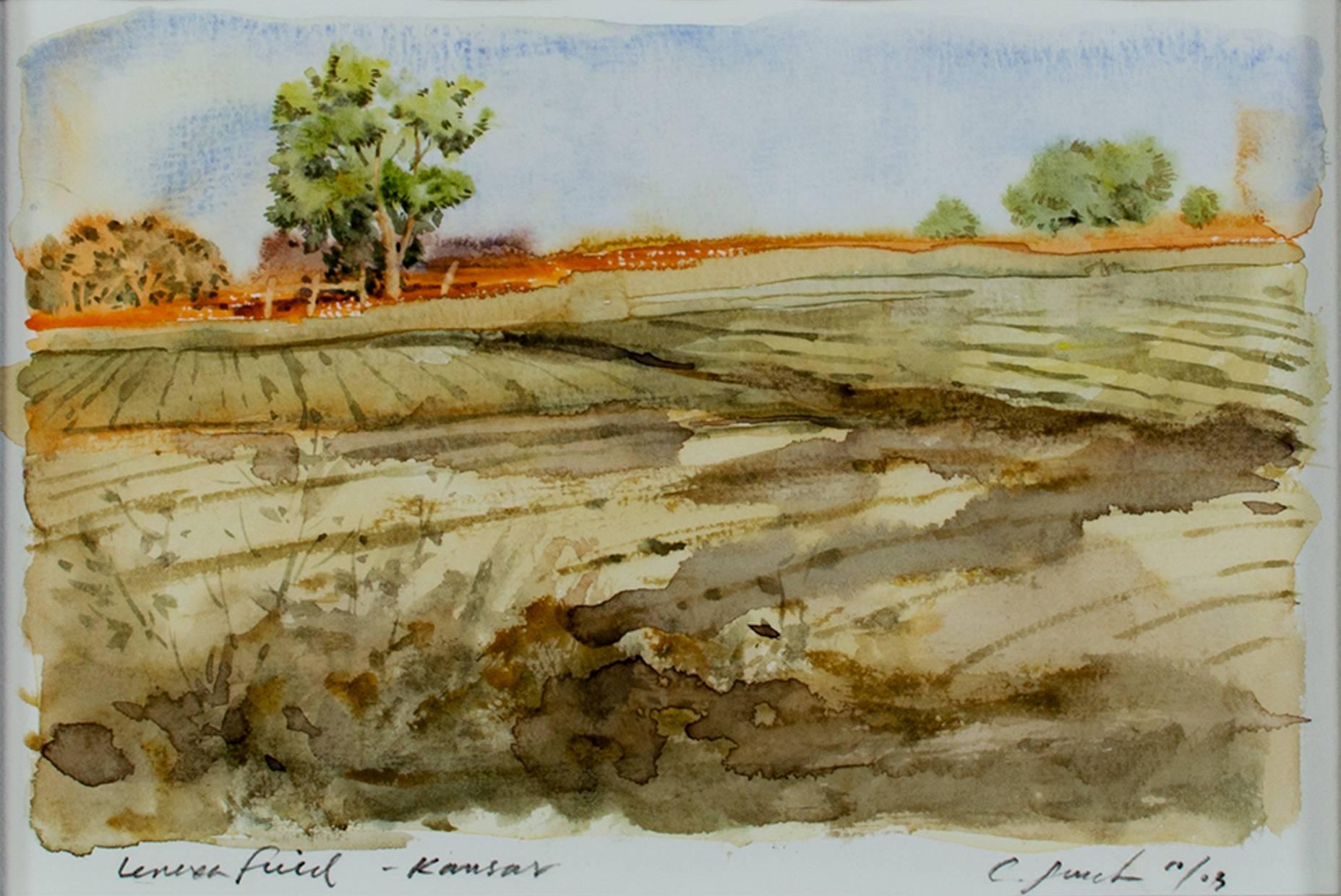 Craig Lueck Landscape Art - Contemporary watercolor landscape countryside farm field grass tree sky signed