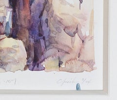 Contemporary watercolor landscape national park rocks nature trees sky signed