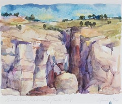 Contemporary watercolor landscape national park rocks nature trees sky signed