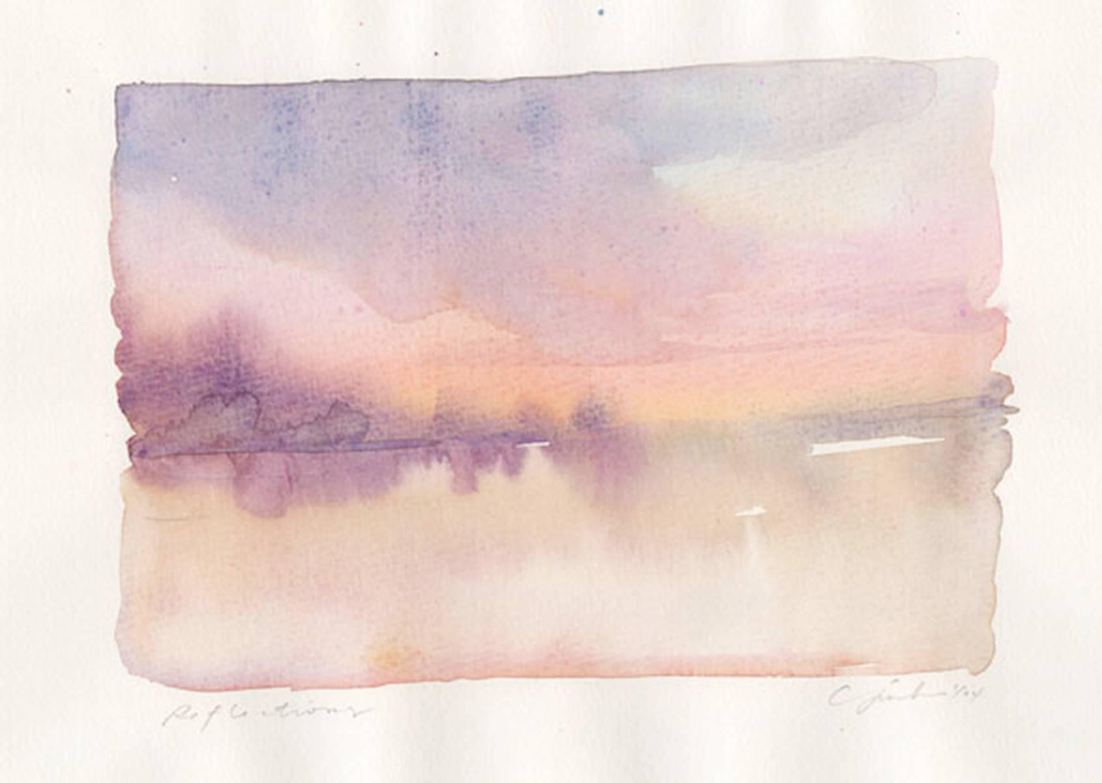 "Reflections" is an original watercolor painting on Holbein watercolor paper. The artist, Craig Lueck, signed the piece in the lower right and titled it in the lower left in pencil. It depicts a colorful sky and treeline reflecting in water. The