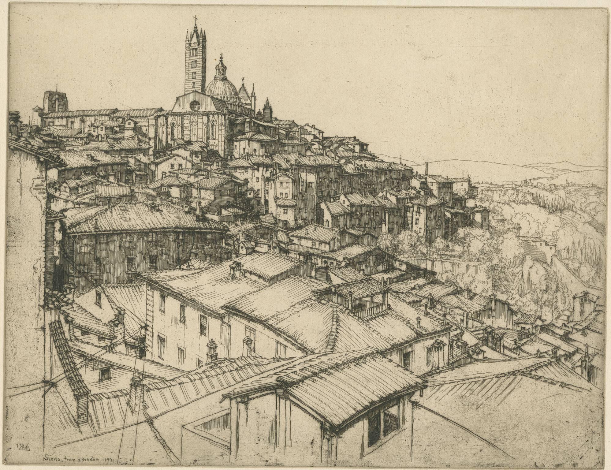 „Siena From a Window“ ist eine Originalradierung:: signiert und datiert mit Bleistift unten in der Mitte und in der Platte unten links vom Künstler Ernest D. Roth. Es zeigt einen hochgelegenen Blick auf die Stadt Siena. 

11 3/4" x 15 1/4"