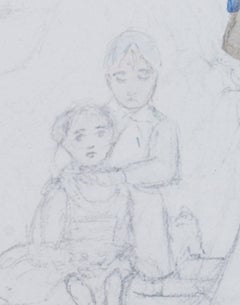 19th century watercolor figures man woman children unfinished pencil sketch