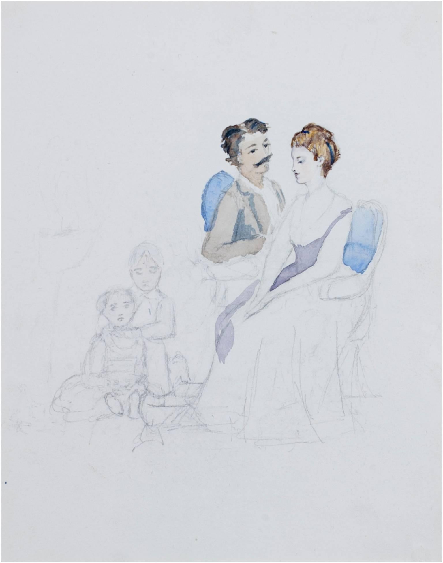Hannah de Rothschild Figurative Art - "Couple with Two Children" Original Watercolor & Pencil Drawing by H. Rothschild