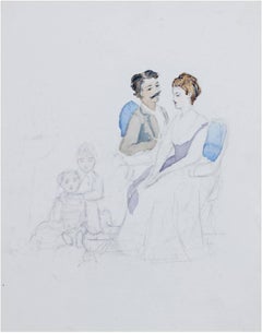 Antique "Couple with Two Children" Original Watercolor & Pencil Drawing by H. Rothschild