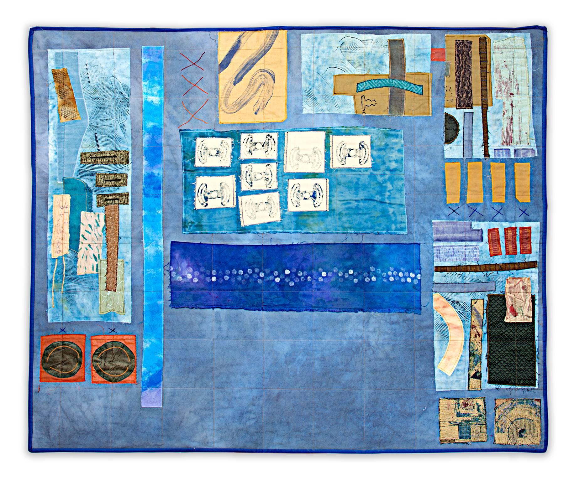 "Minutiae V" is a fiber collage mixed media piece by Jeanne Smith. This abstract piece is mostly blue on the front and mostly green on the back. The artist wrote on a small beige-colored panel in the lower right corner on the back. This includes the