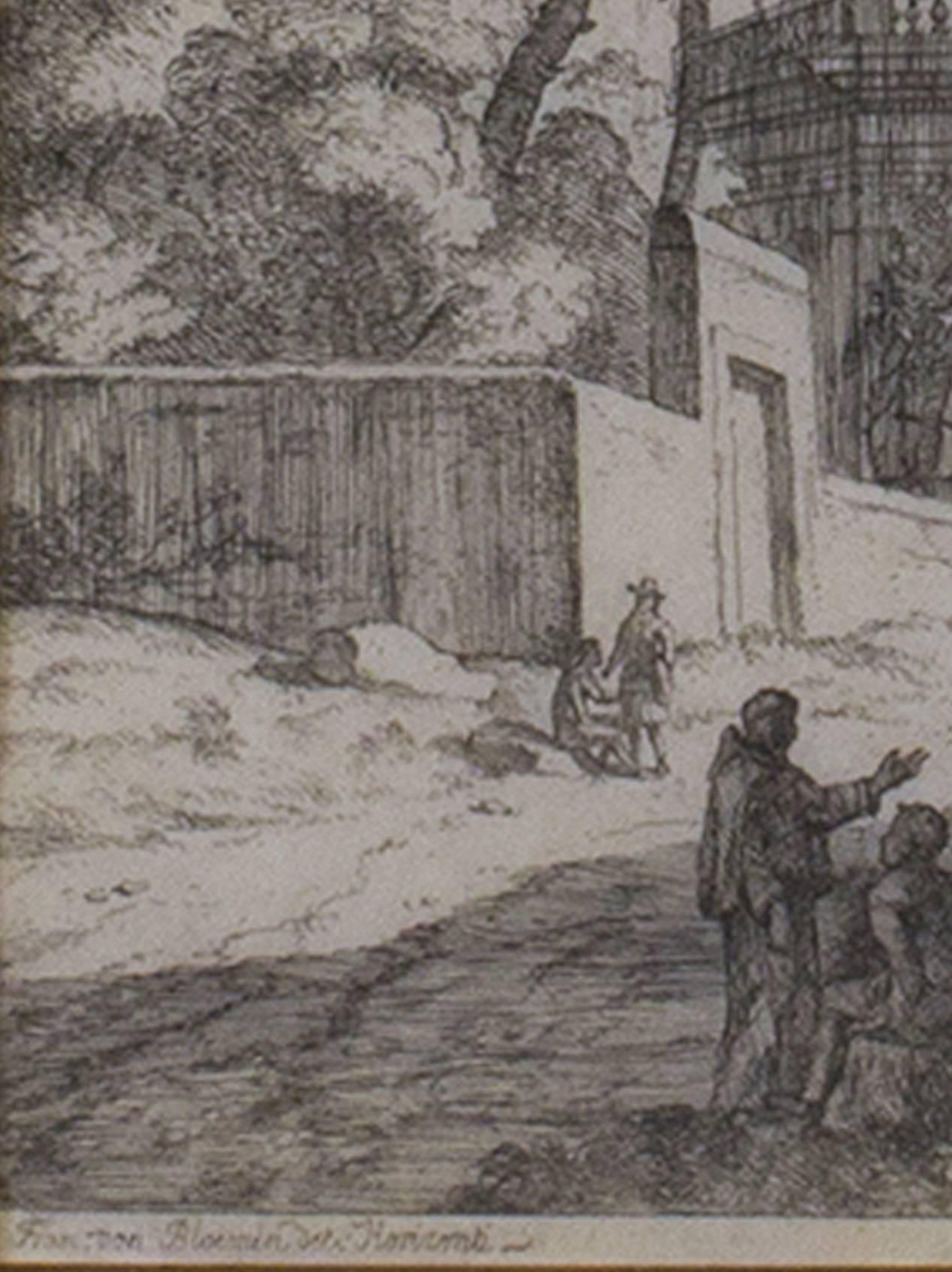 Grabado del siglo XVII en blanco y negro paisaje figurativo árboles edificios - Print de Jan Frans van Bloemen (Orizzonte)