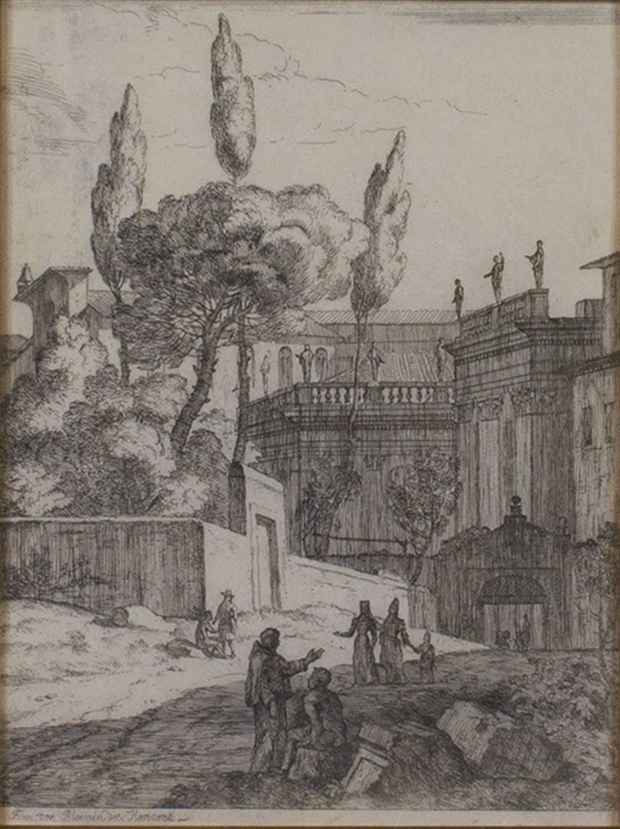 Landscape Print de Jan Frans van Bloemen (Orizzonte) - Grabado del siglo XVII en blanco y negro paisaje figurativo árboles edificios