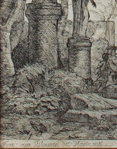 17th century etching black and white figurative landscape trees statues scene