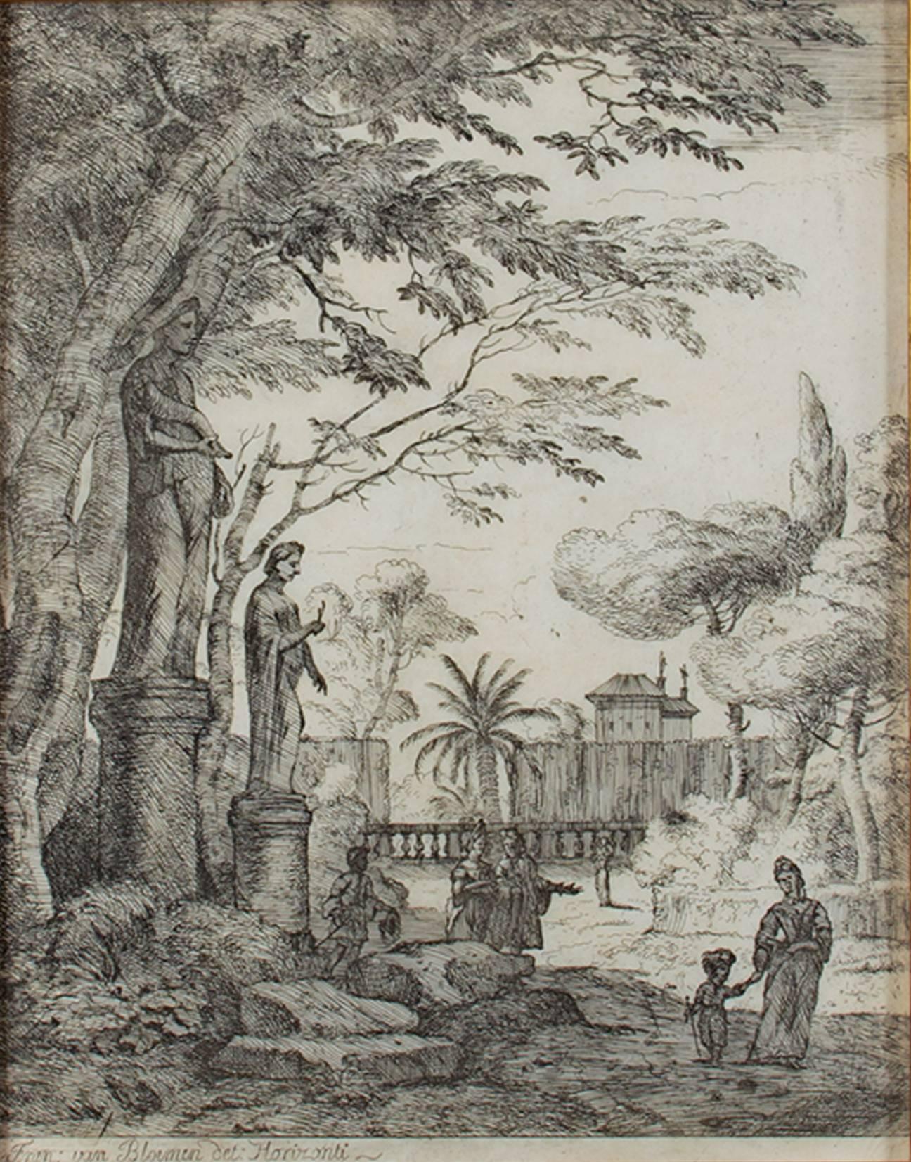 "Mother & Child Near Statues, " Etching by Jan Frans van Bloemen (Orizzonte)