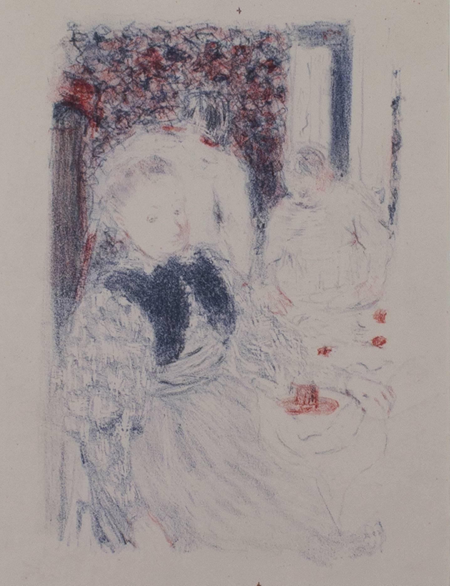 "Le Dejeuner" ist eine seltene originale Farblithographie von Edouard Vuillard. Es zeigt eine fein gekleidete Frau mit weiteren, weniger gut erkennbaren Figuren im Hintergrund. Dieser Druck wurde in Blau und Rot ausgeführt und stammt aus einer