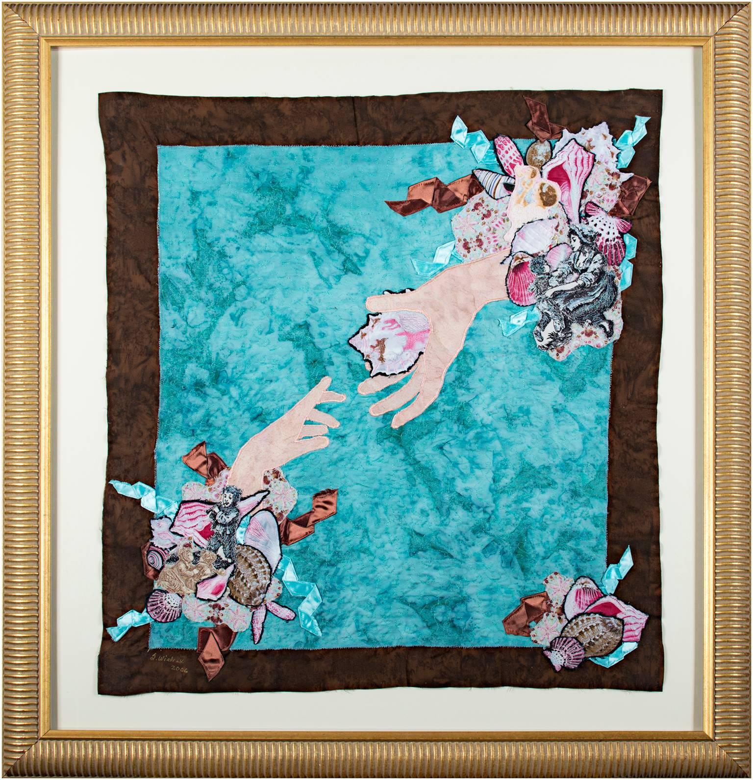 "Mother's Day (Hands & Seashells) is a mixed media textile piece by Stacy Wiatrak. It is signed and dated in the lower left corner. This piece depicts two hands reminiscent of Michelangelo's "Creation of Adam" gesturing towards one another from