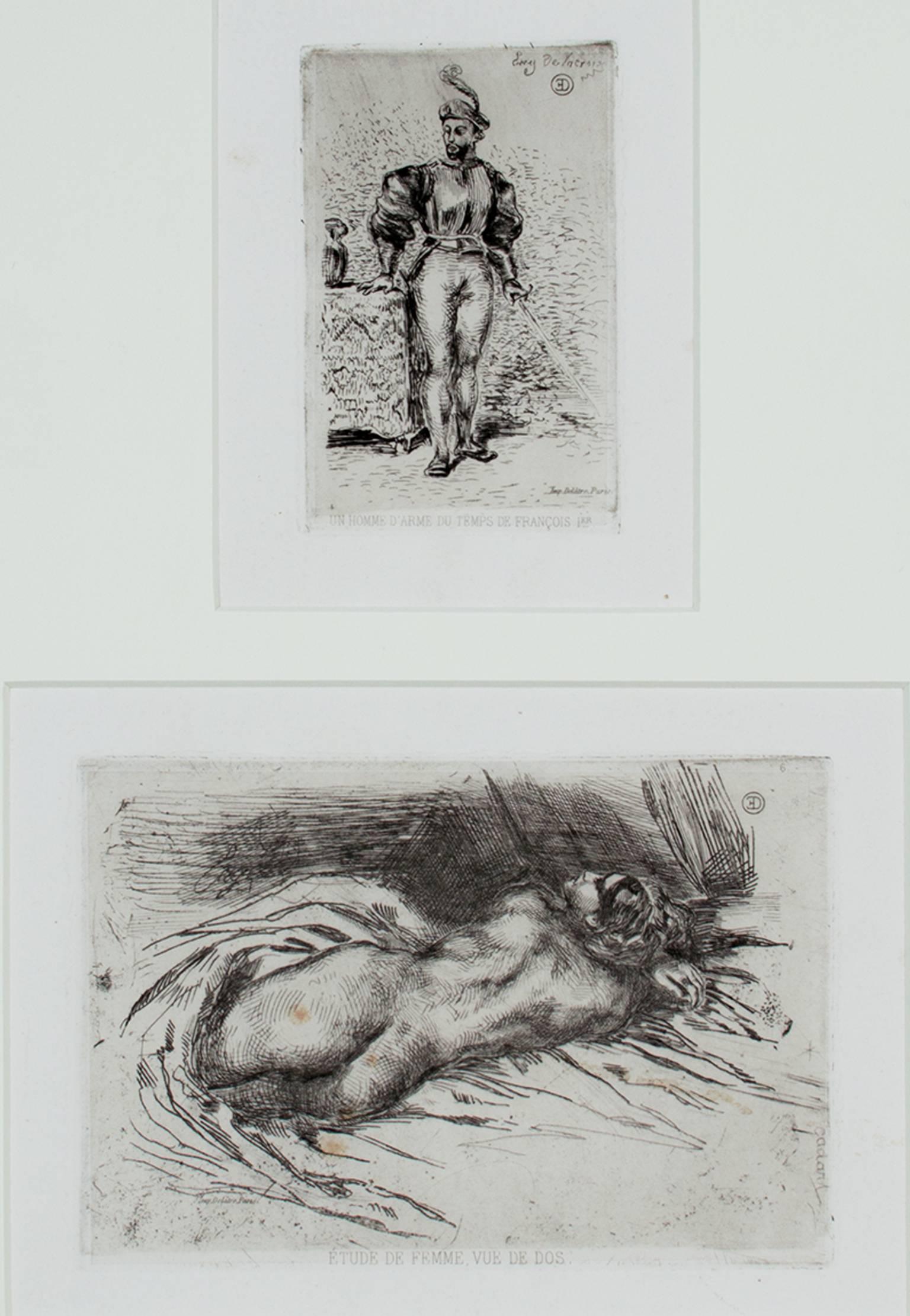 Figurative Print Eugene Delacroix - « A Man in Army Dress » et « Study of a Woman », gravure originale d'Eugène Delacroix 