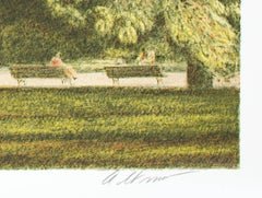 Contemporary color lithograph landscape tree outdoor forest park scene signed