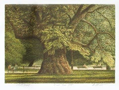 Contemporary color lithograph landscape tree outdoor forest park scene signed