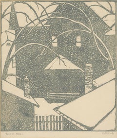 "Snow Fall, " Linoleum Block Print of a House in Snow signed by George Raab