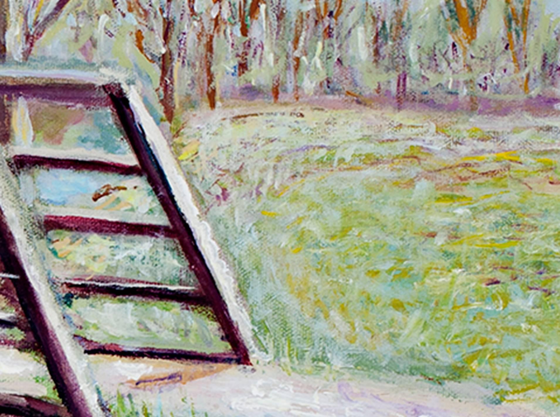 Quadro di paesaggio colorato contemporaneo in acrilico ponte espressionista firmato - Landscape Painting Grigio di Chuck Garbo Hajinian