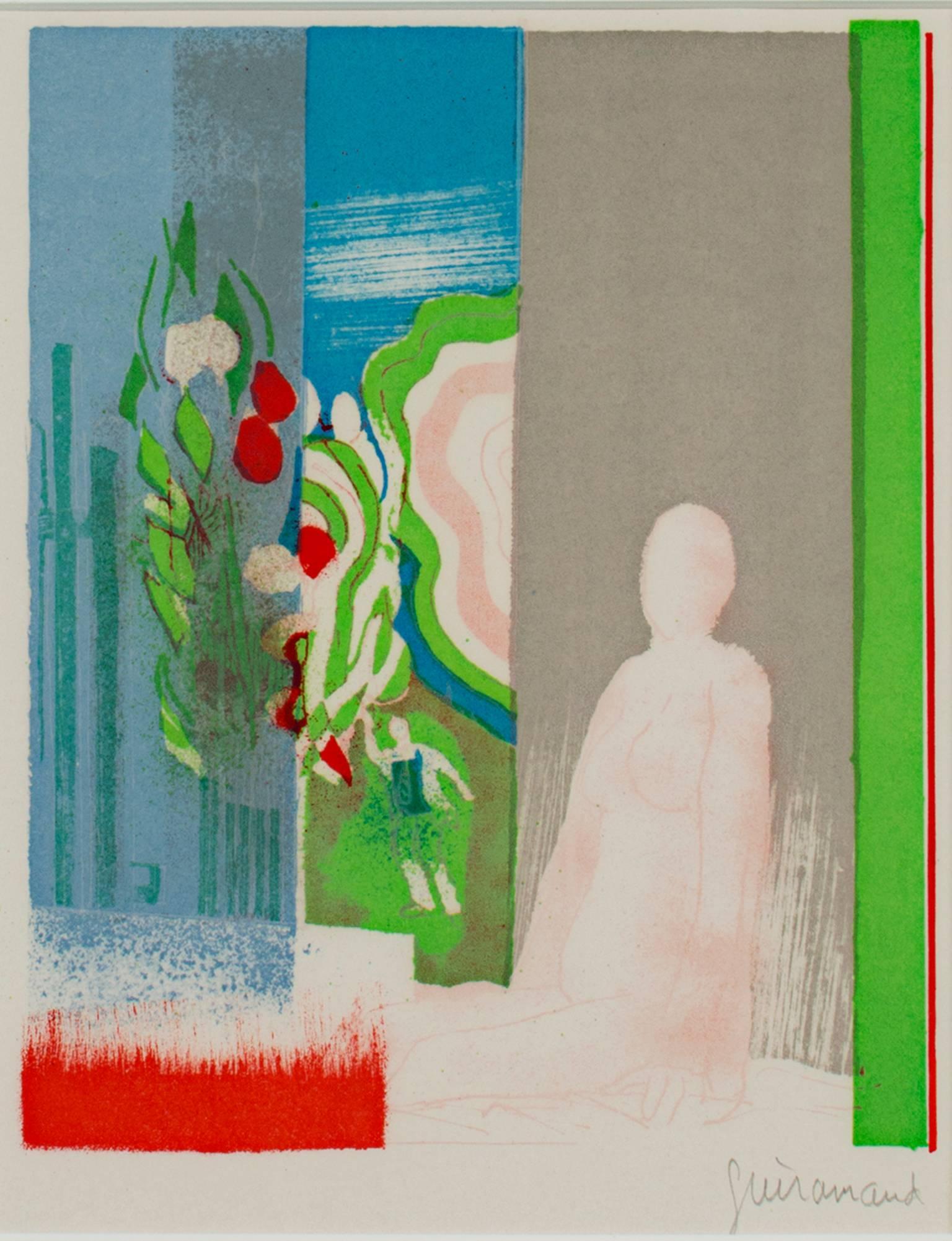 "Akt (Bonjour)" ist eine originale Farblithographie von Paul Guiramand. Der Künstler hat das Werk unten rechts signiert. Dieses Stück stammt aus einer Auflage von 600 Stück. Es zeigt eine nackte weibliche Figur, die an einer Wand sitzt, mit einigen