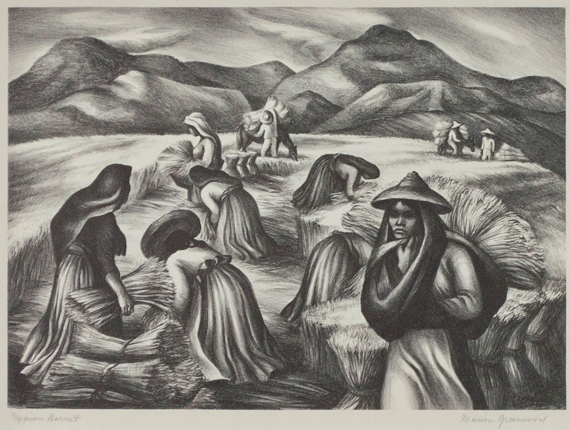 "Mexican Harvest" ist eine Originallithographie von Marion Greenwood. Der Künstler signierte das Werk unten rechts und betitelte es unten links. Es zeigt mehrere Figuren:: die auf den Feldern arbeiten. 

9 15/16" x 13 3/4" Platte
12 3/8" x 16 3/4"