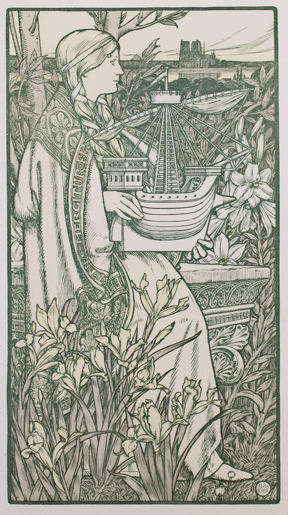 "Lutece" is an original color lithograph by Adolphe Giraldon. This piece depicts a woman holding a sailing ship among lush vegetation. In the background, Notre Dame rises. Lutece is the French name for the ancient Roman city that stood where Paris