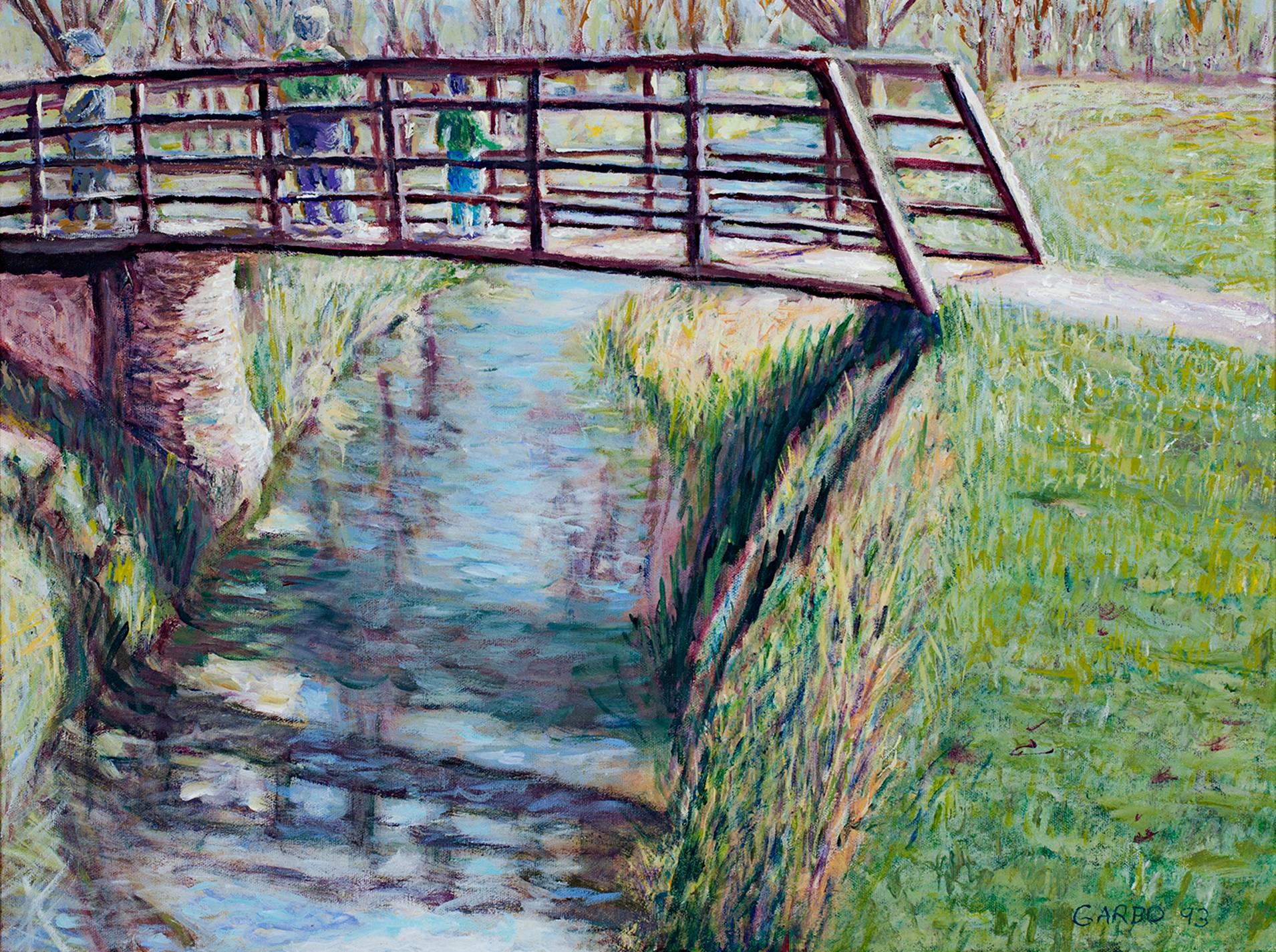"Wirth Park Bridge in Spring" is an original acrylic painting on canvas by Chuck "Garbo" Hajinian. This piece depicts three children on a bridge over a stream. The artist signed the piece in the lower right. 

18" x 24" art
23 1/4" x 29 3/8"