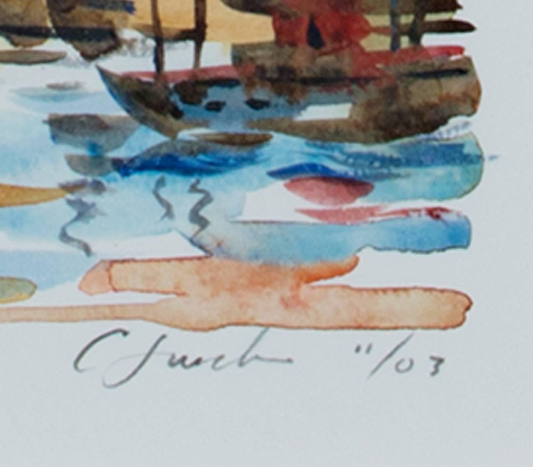 Aquarelle contemporaine paysage expressionniste bateaux eau arbres ciel signée - Art de Craig Lueck