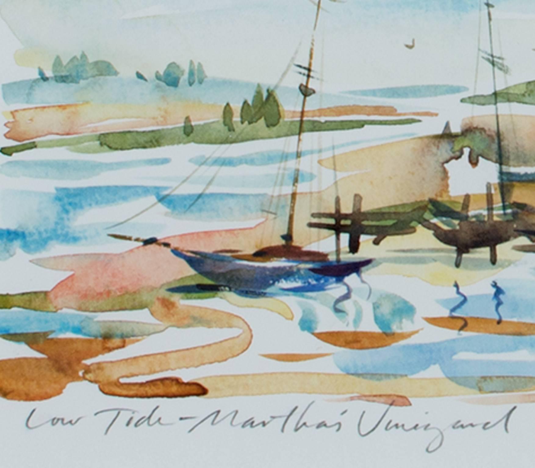 Aquarelle contemporaine paysage expressionniste bateaux eau arbres ciel signée - Gris Landscape Art par Craig Lueck