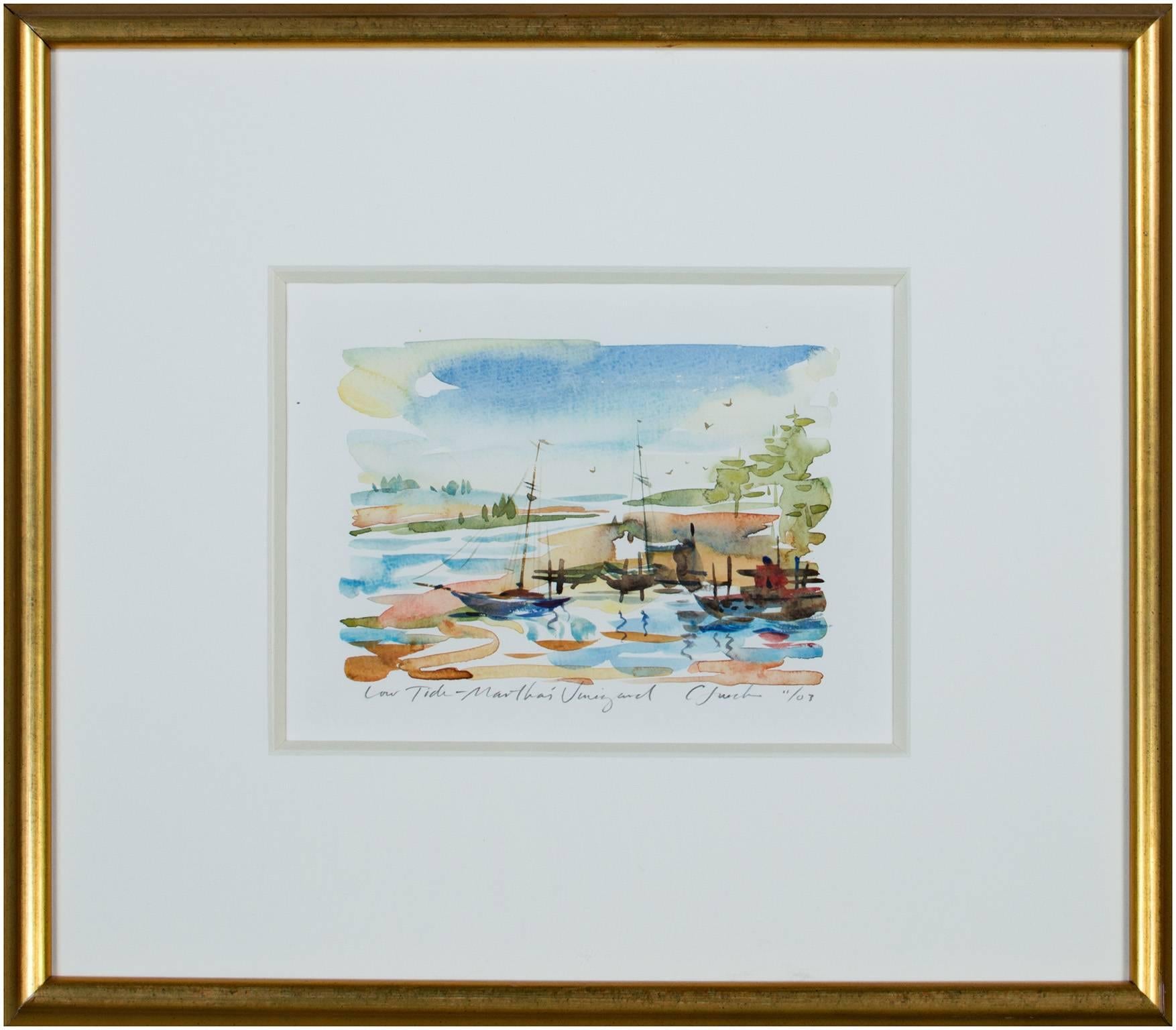 Aquarelle contemporaine paysage expressionniste bateaux eau arbres ciel signée en vente 1