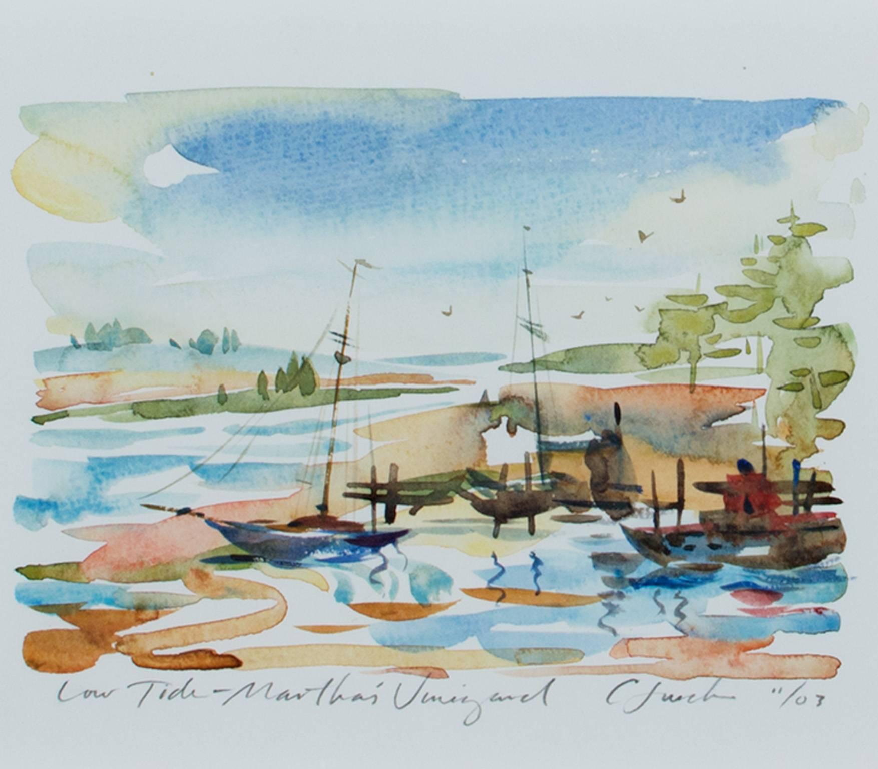 Landscape Art Craig Lueck - Aquarelle contemporaine paysage expressionniste bateaux eau arbres ciel signée