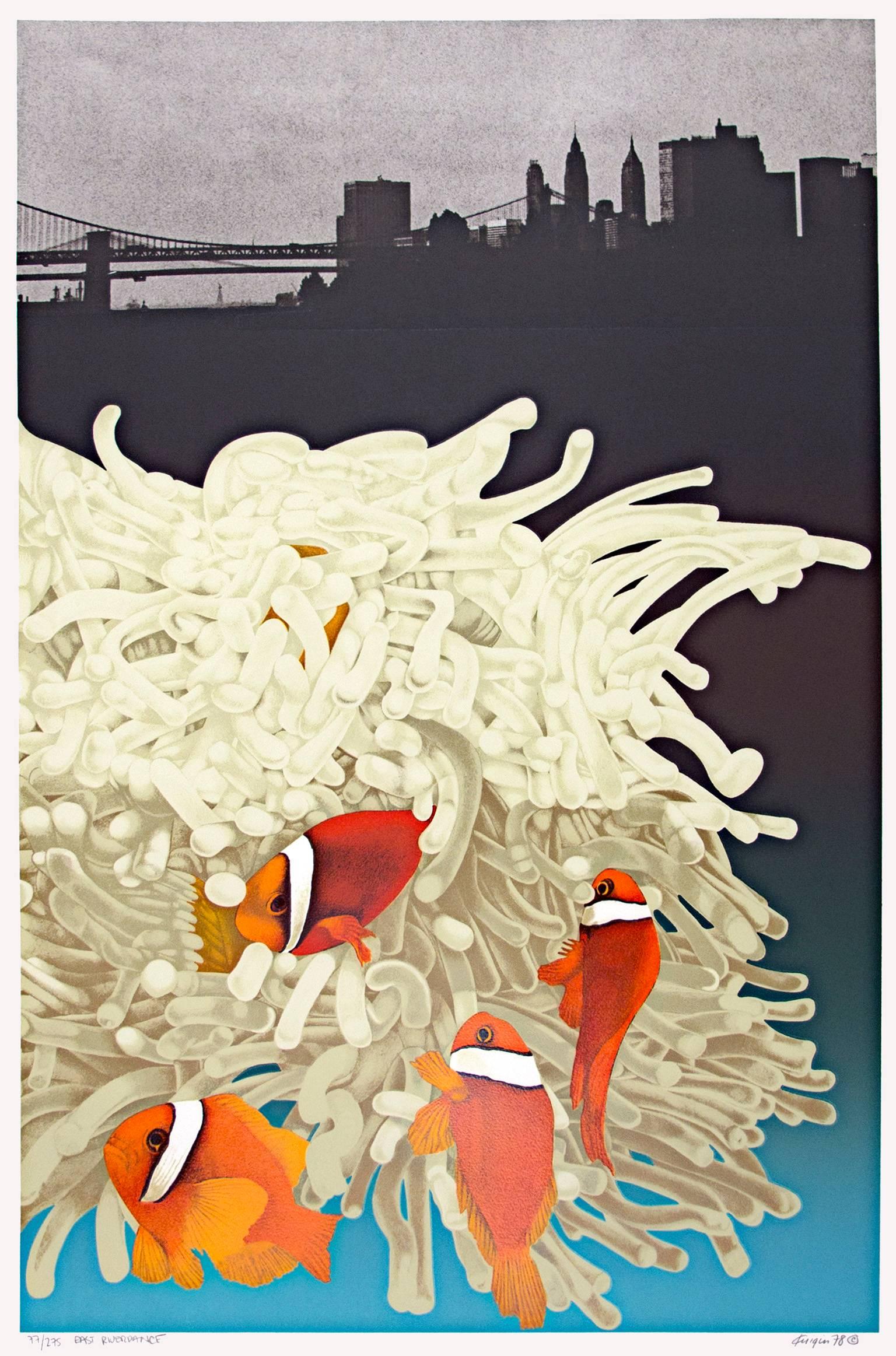 "East River Dance" is an original color lithograph by Michael Knigin. The artist signed the piece in the lower right and wrote the edition number, 77/275, in the lower left corner. This piece depicts four clownfish in an anemone and New York City in