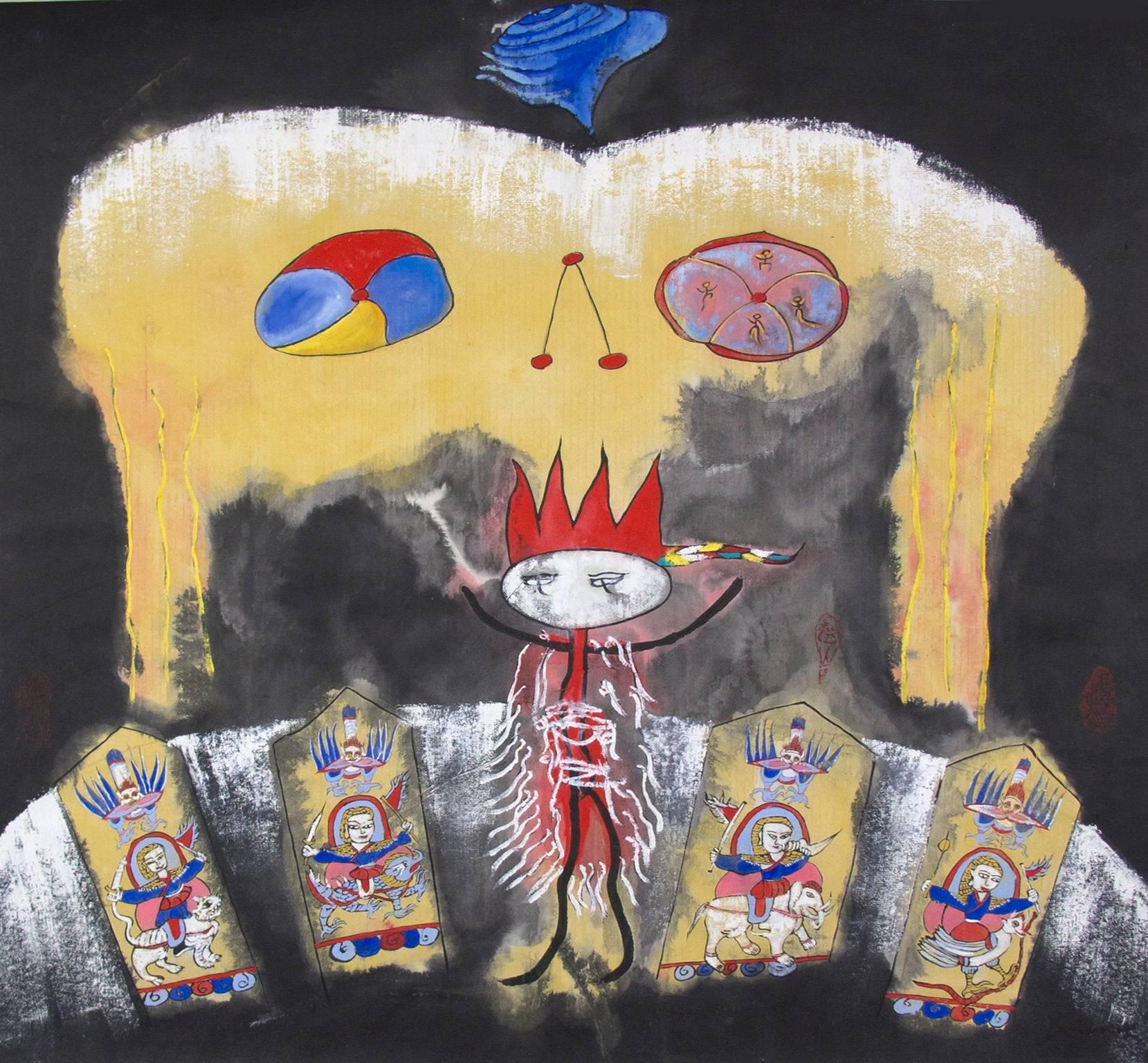 "Sky Mask 2"  is a mixed media piece on paper signed by the artist Xiao Ming. It depicts a variety of surreal and abstracted figures in red, blue, and yellow. 

34 1/4" x 34" art

Born in the Yunnan province of China, close to Tibet, Xiao Ming
