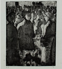 "Marche a la Volaille, a Gisors," Original Etching signed by Camille Pissarro