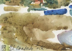 Contemporary watercolor landscape abstract seascape beach buildings signed