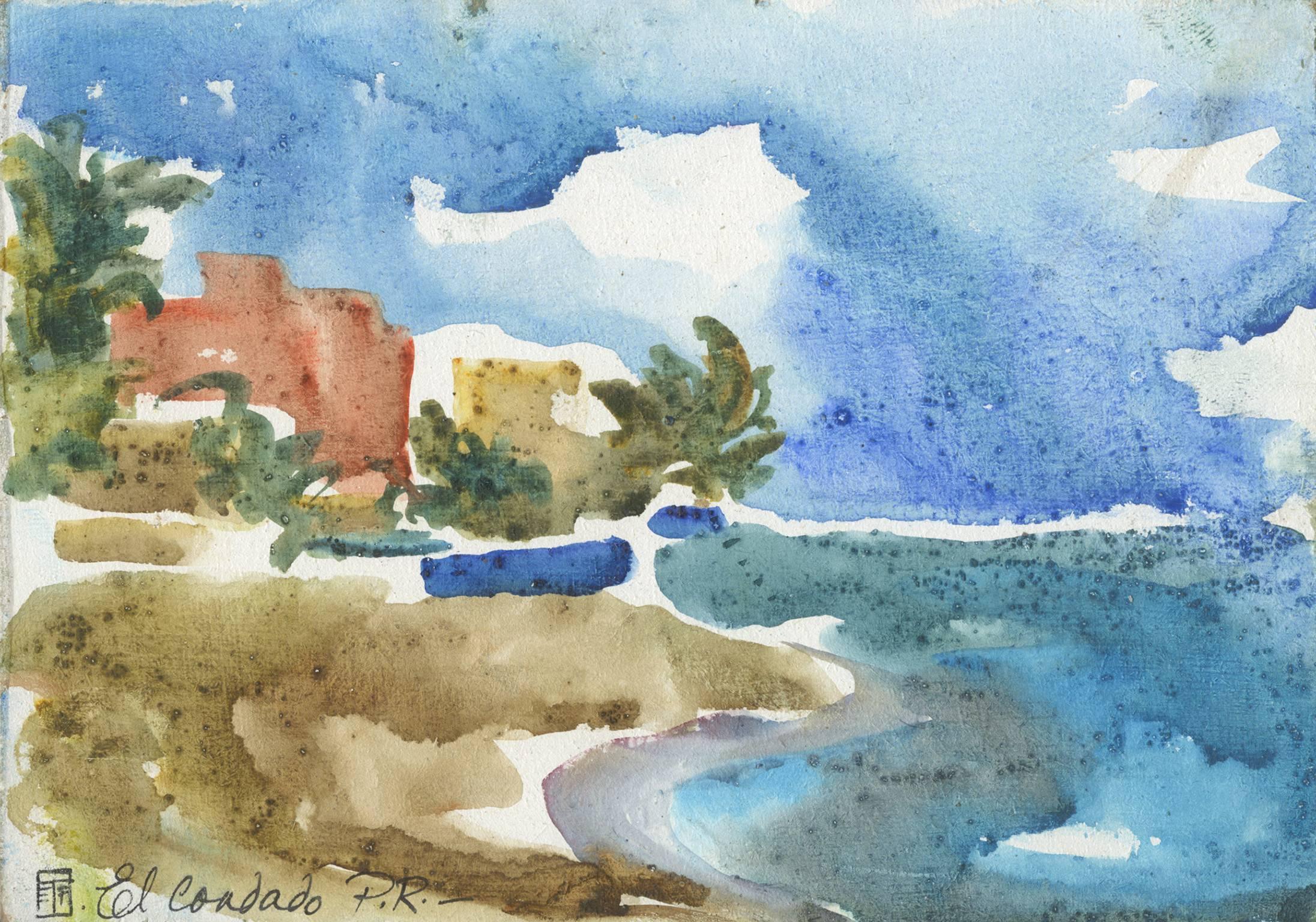 Tracey Padron Landscape Art - Contemporary watercolor landscape abstract seascape beach buildings signed 
