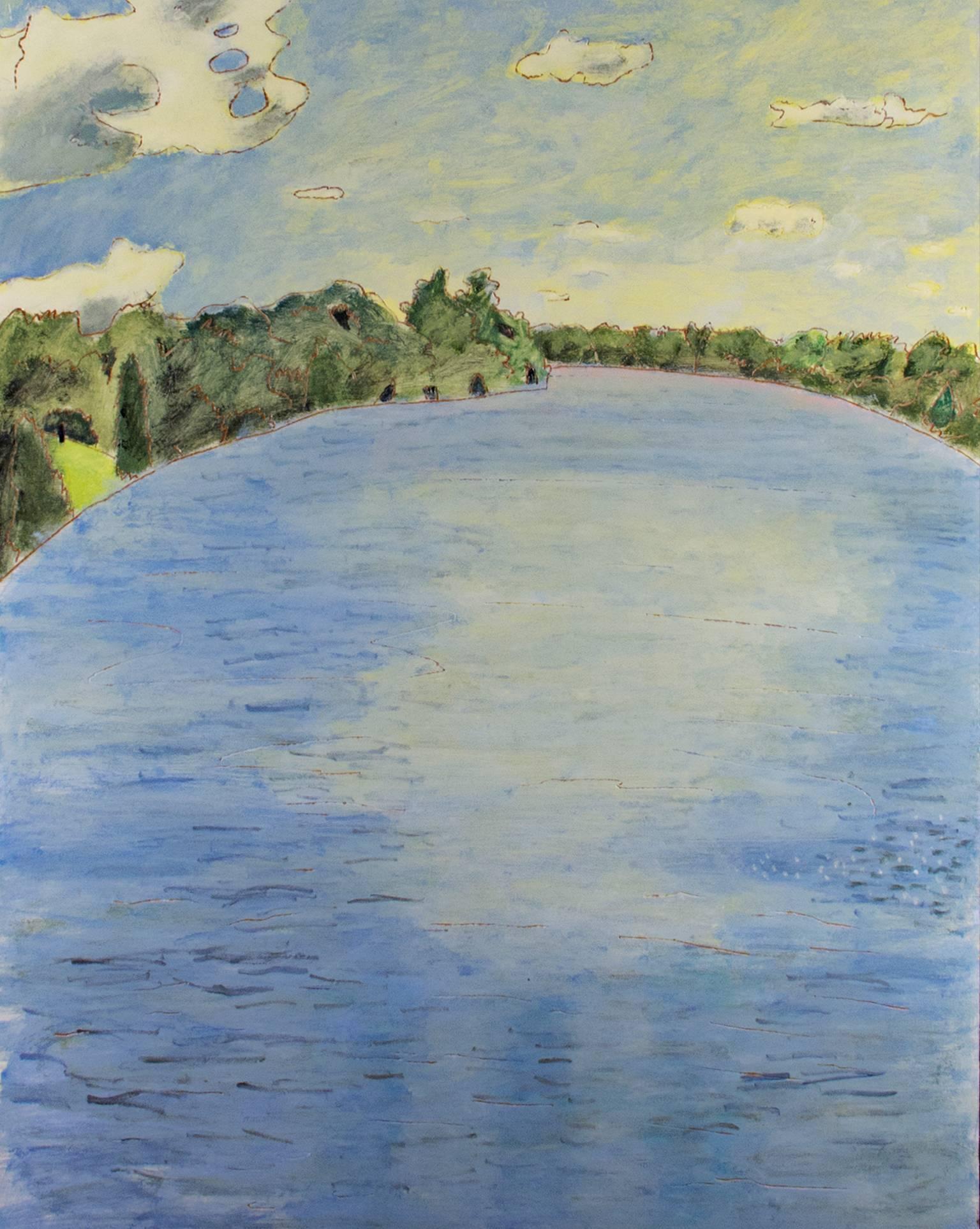Paisaje contemporáneo pintura al óleo lago árboles cielo reflejo firmado - Painting de Robert Richter