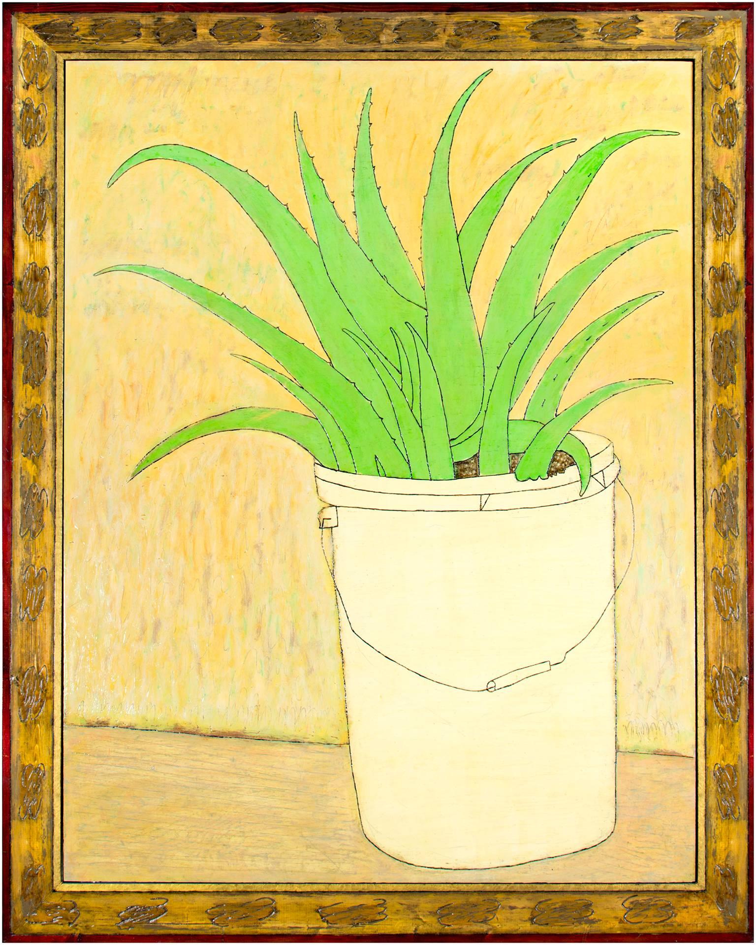 "Aloe" ist ein Original-Ölgemälde auf Holz von Robert Richter. Der Künstler signierte das Werk, stempelte seine Initialen ein und betitelte es auf der Rückseite. Dieses Gemälde zeigt einen weißen Eimer, aus dem eine Aloe-Pflanze wächst. Das Gemälde