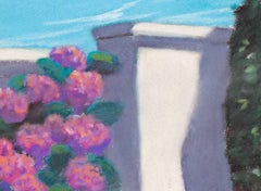 Contemporary bunt Pastell Groomed Garden Landschaft Blumen Bäume Himmel unterzeichnet