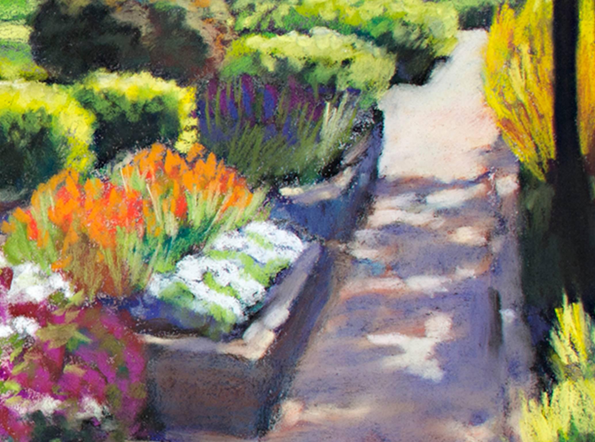 Contemporary coloré Pastel Jardin toiletté Paysage fleurs arbres ciel signé - Noir Landscape Art par Victoria Ryan