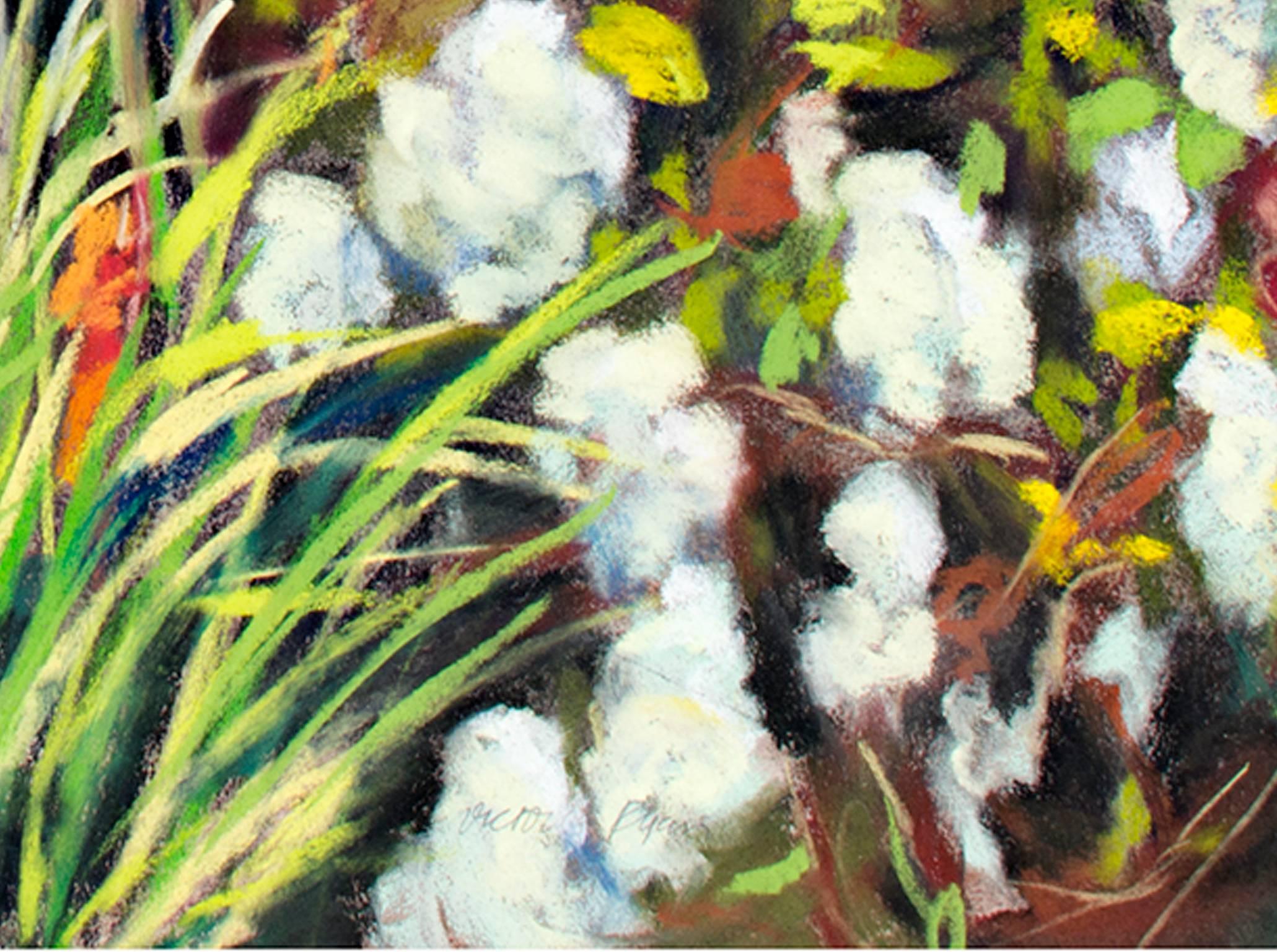 Contemporary bunt Pastell Sommer Garten Landschaft Blumen Bäume Himmel unterzeichnet im Angebot 1