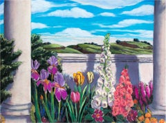 Contemporáneo colorido Pastel Jardín Paisaje flores árboles cielo firmado