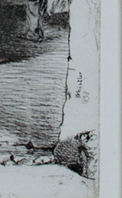 19th century black and white etching indoors figures child doorway table