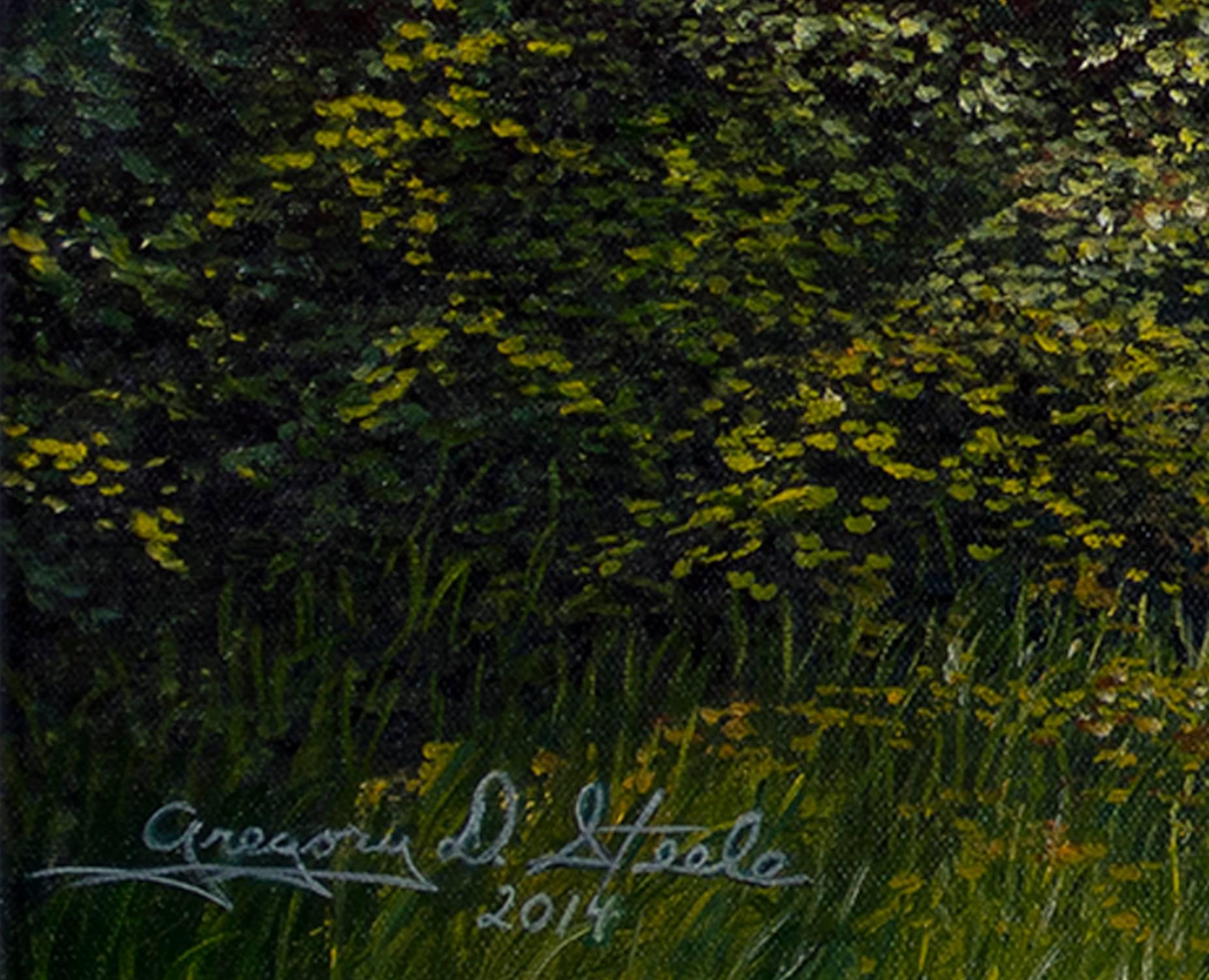 Paisaje contemporáneo pintura al óleo bosque árboles al aire libre carretera puerta cielo firmado - Painting de Gregory Steele
