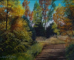 Contemporary landscape oil painting forest trees outdoors road gate sky signed