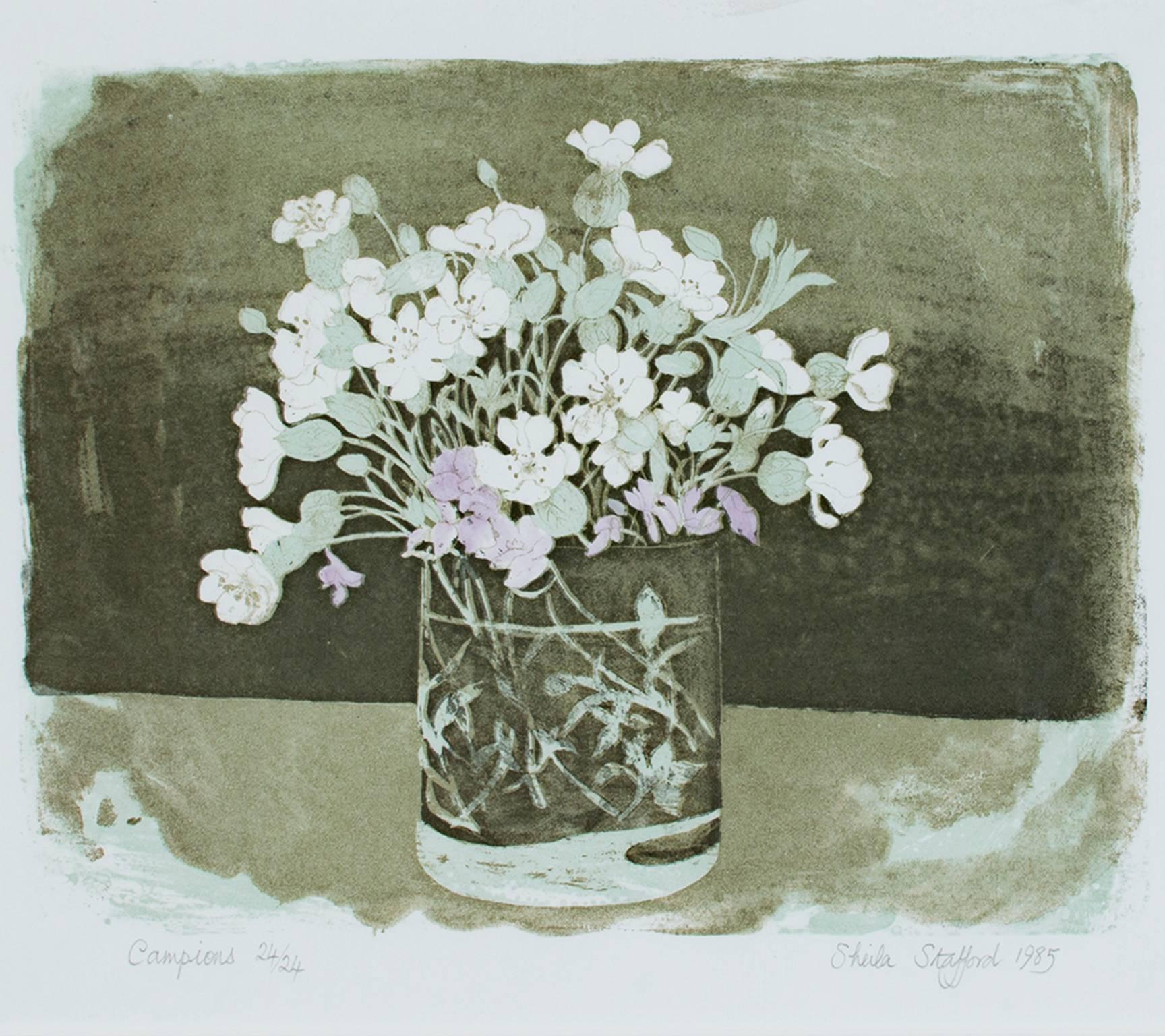 "Campions" est une lithographie couleur originale de Sheila Stafford. L'artiste a signé l'œuvre en bas à droite, l'a titrée et a écrit le numéro d'édition (24/24) en bas à gauche - tous deux au crayon. Cette pièce représente un verre avec des fleurs