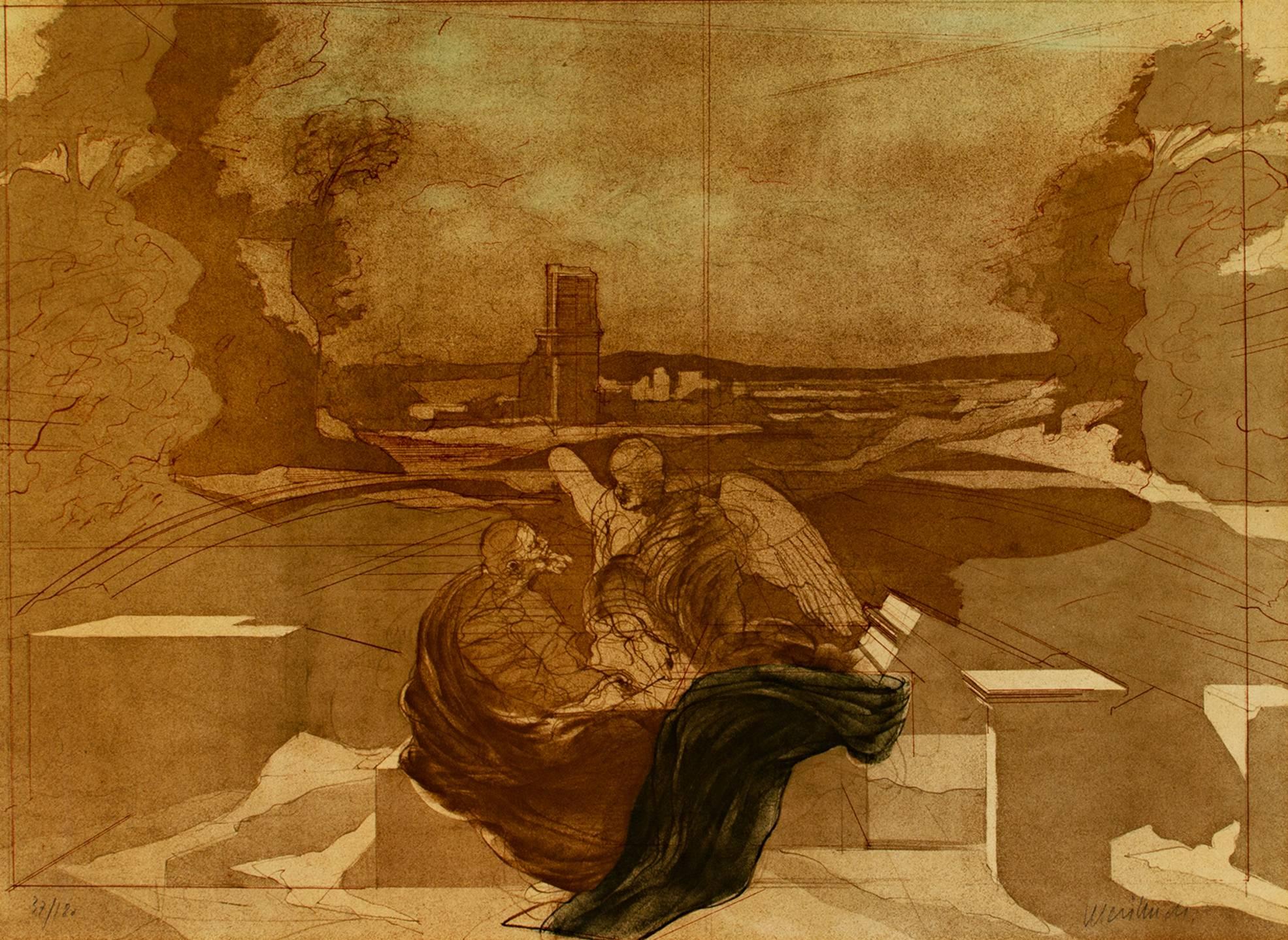litografia a colori del XX secolo stampa di paesaggio figurativo schizzo seppia firmato