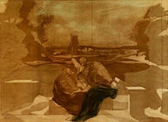 litografía en color del siglo xx impresión de paisaje figurativo boceto en sepia firmado