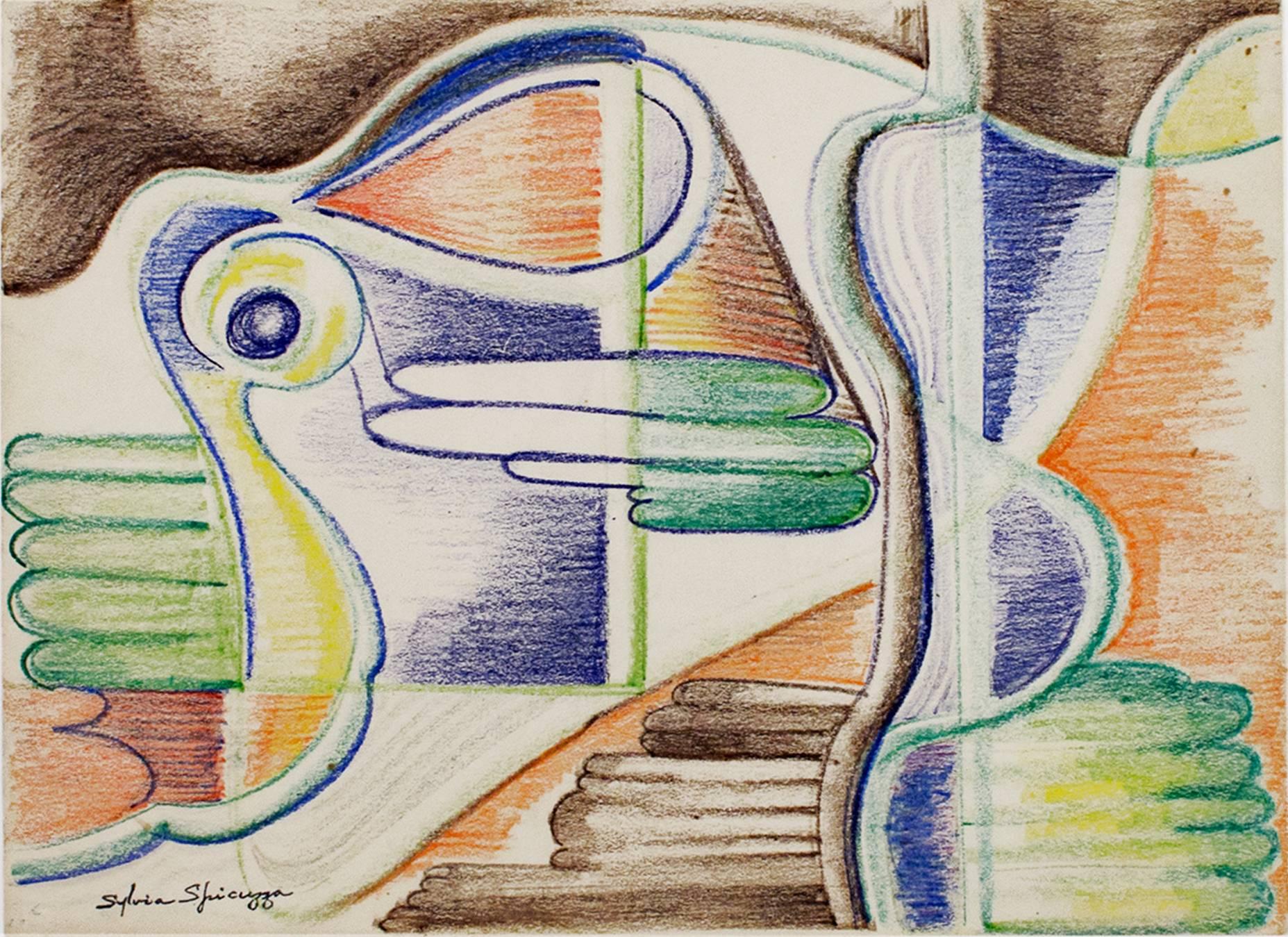 "Art Deco Bird #688" ist eine Original-Farbkreidezeichnung von Sylvia Spicuzza. Die Künstlerin hat unten links ihre Signatur angebracht. Diese Arbeit zeigt einen abstrahierten Vogel und biomorphe Formen in Blau, Grün, Gelb, Orange und Braun. 

11" x